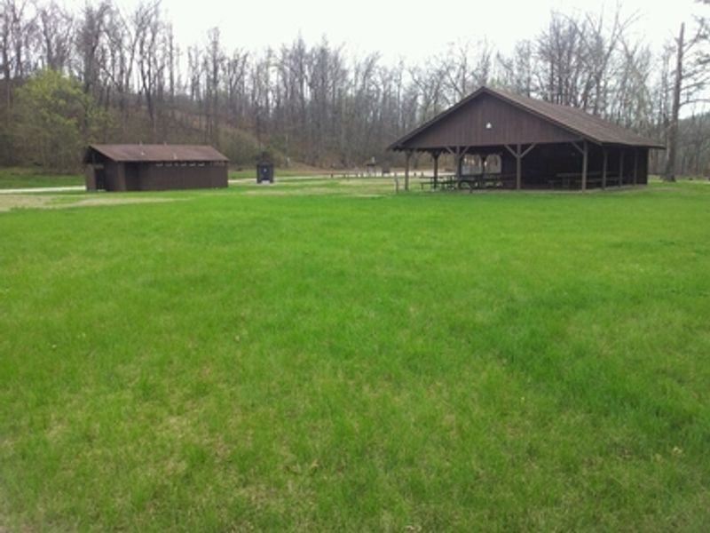 The pavilion and restroom facility at Ozark Campground