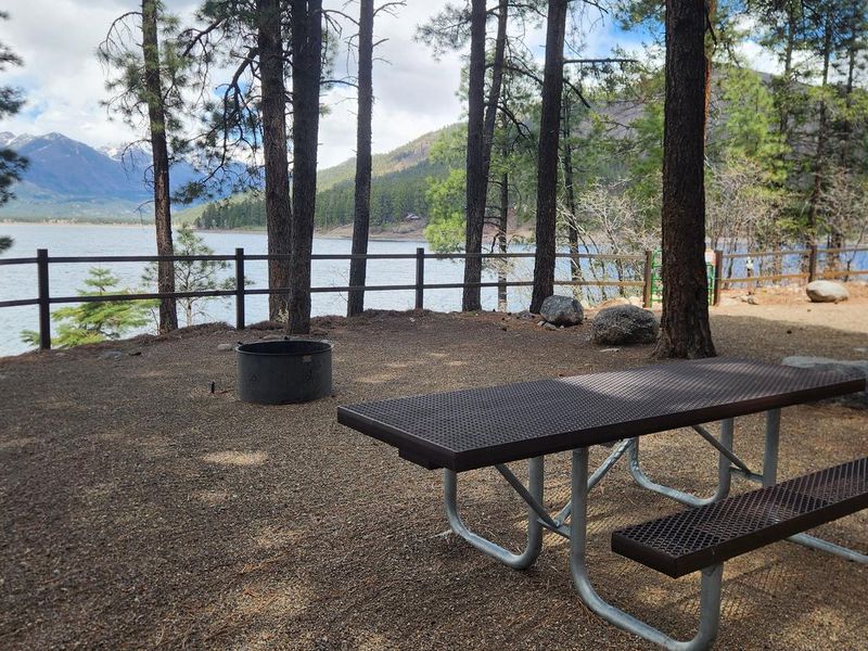 Campsite along lake with picnic table and fire ring