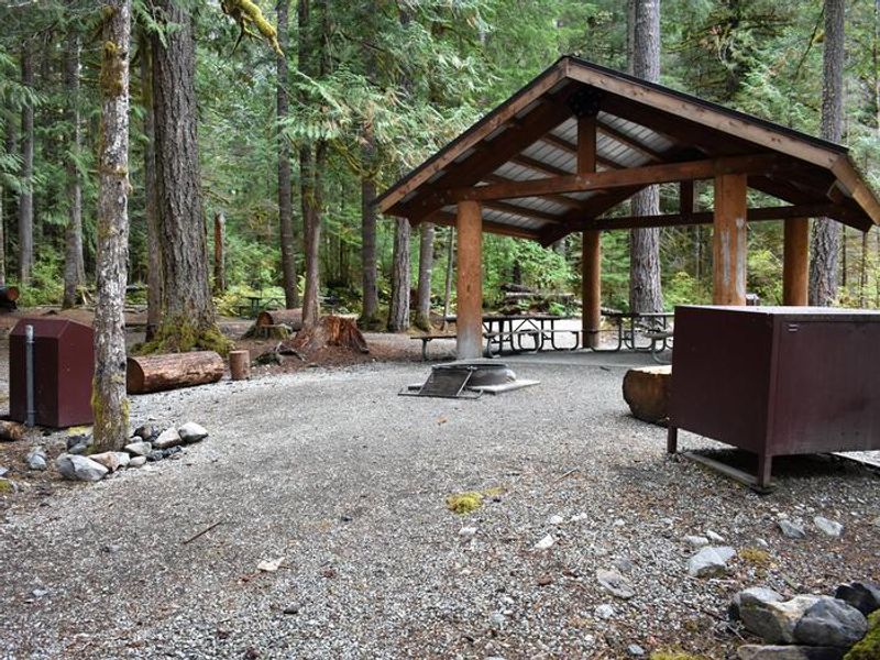 View of shelter at Upper Goodell Group Campground
