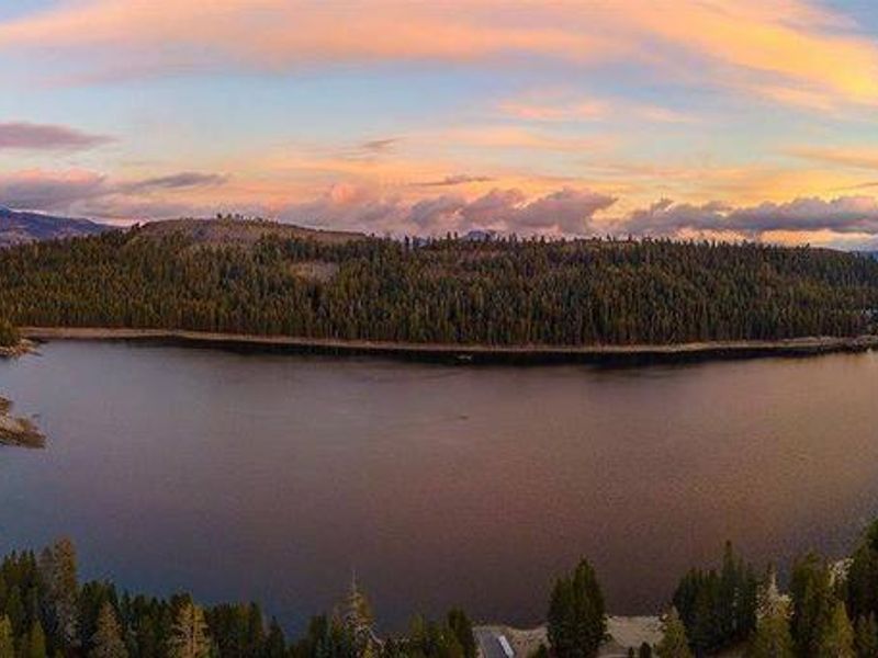 Aerial view of Lake Alpine and surrounding area