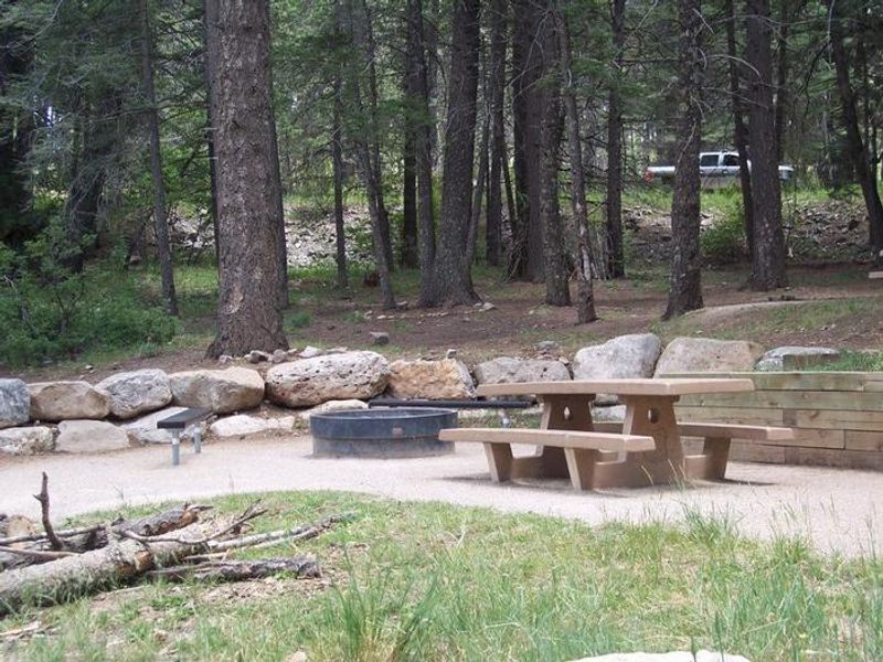 Aspen Group Campground picnic area with fire pit. 