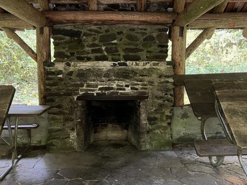 Fireplace located inside the day use shelter at Trout Creek Campground.