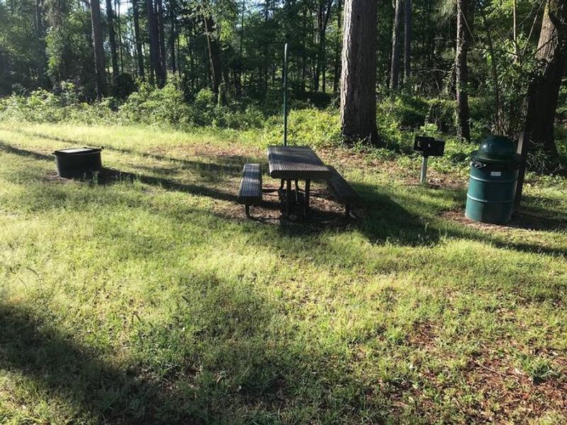 Campsite #1. Tent site with the following amenities: fire-pit, grill, picnic table, lantern pole, trash can.
