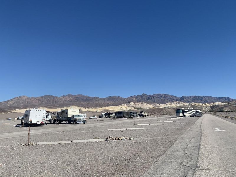 Sunset Campground is in a flat alluvial area with distant views of mountains.