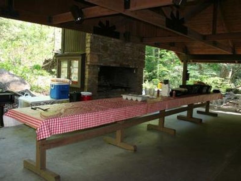 Wooden serving table in pavilion
