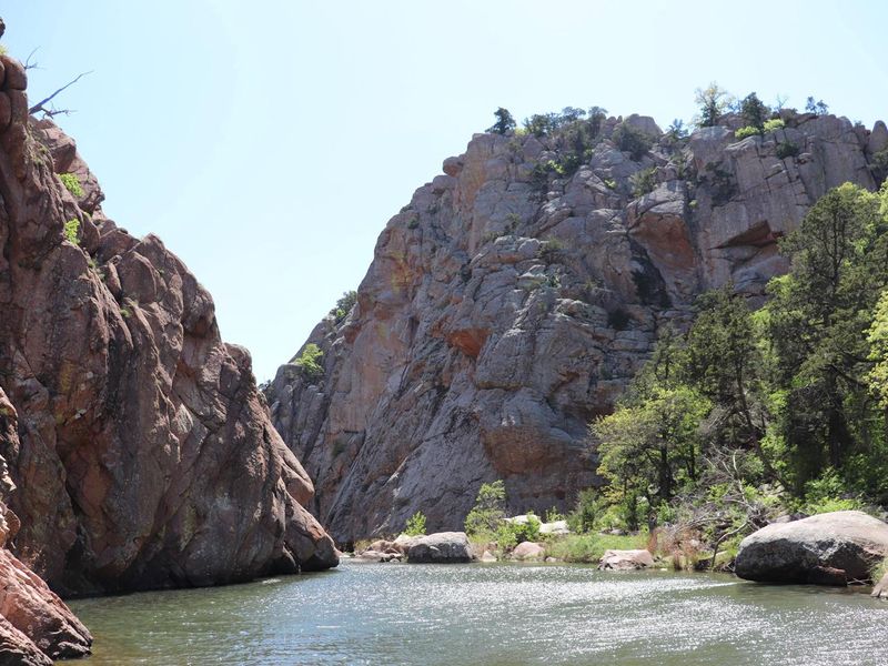 The Wichita Mountains line the horizon along the Narrows Hiking Trail on Cache Creek.