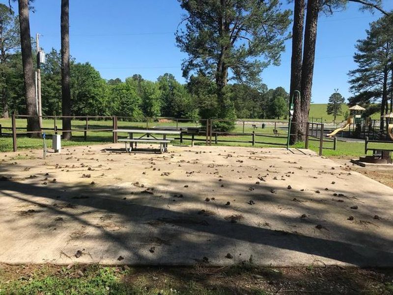 Shaded Class A Campsite #5. RV pad, water, and 20/30/50 AMP electric hook-ups as well as basic campsite amenities including a picnic table, lantern post, fire ring, trash can and grill.