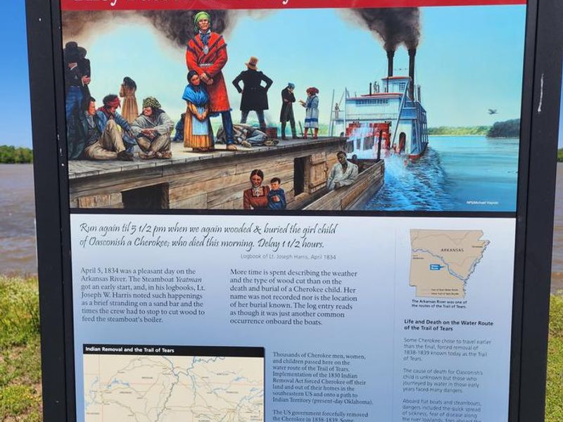 Trail of Tears Water Route Exhibit Panel
This panel gives a brief account of some of the details of the many detachments of Cherokee that passed by here as a result of the 1830 Indian Removal Act.  