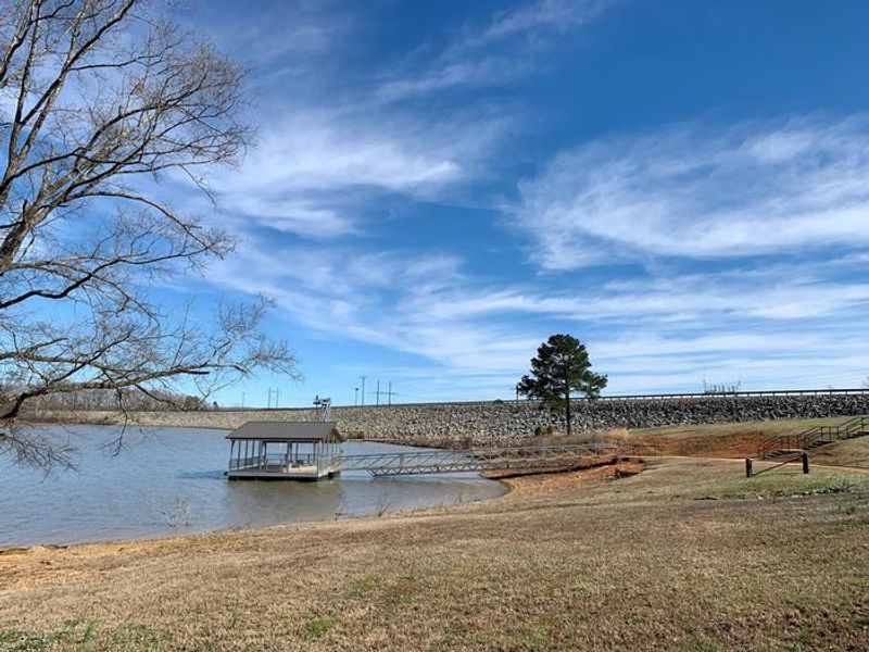 This is a view from the side of the accessible dock. There is a cemented walkway that you can follow to get to the dock.