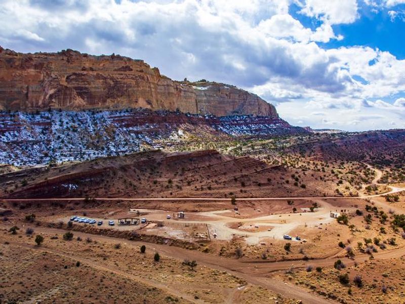Temple Mountain Campground as seen from trail up to mines, facing Temple Mountain Road.
