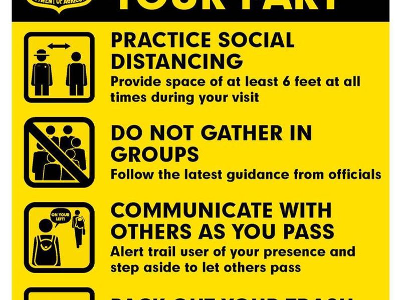 Practice Social Distancing, Do not Gather in Groups, Communicate with other as you PAss on the trail, Pack out your trash