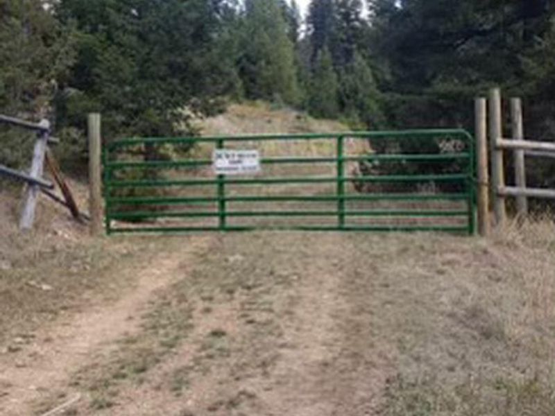 View of the green gate leading to Lost Horse cabin. The combination is the same as the cabin. Lock the gate behind you when entering. Cabin is 0.3 miles ahead.